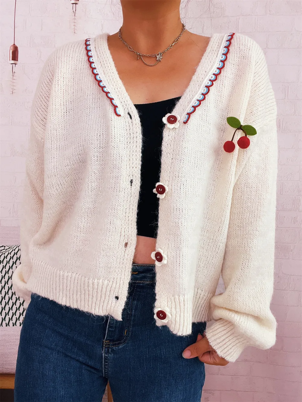 Cherry Button-Front Long Sleeve Cardigan, image 7