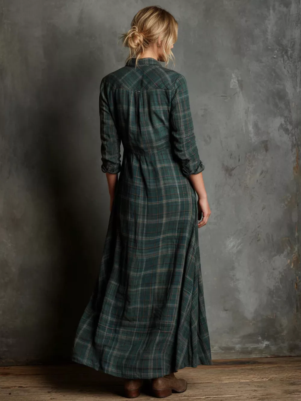 Vintage Plaid Button-Down Maxi Shirt Dress, image 3