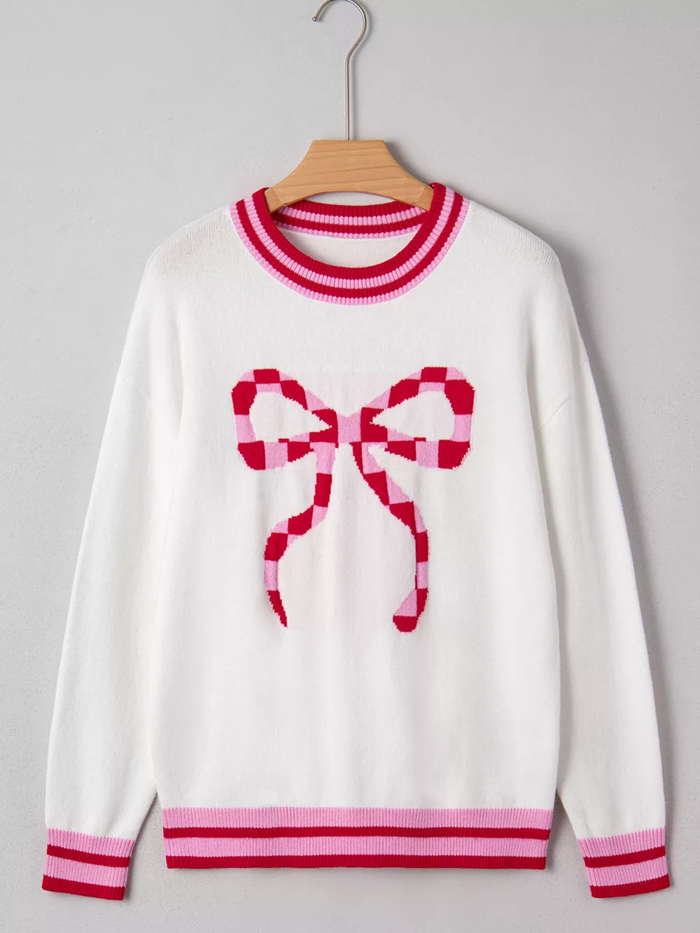 Striped Trim Bow Graphic Round Neck Drop Shoulder Sweater, image 3