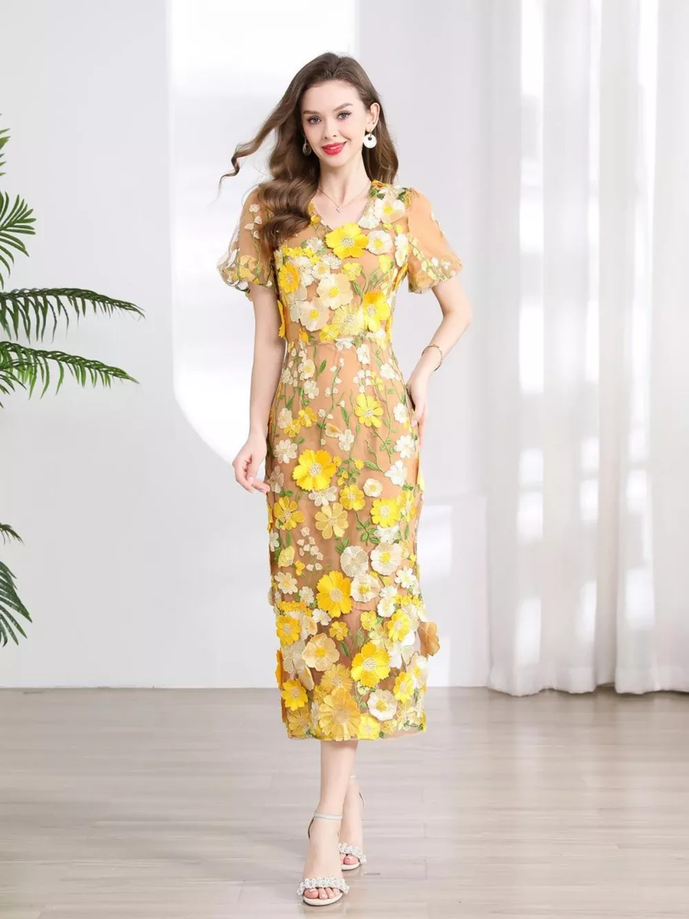 Floral Embroidered Puff Sleeve Midi Dress, image 10