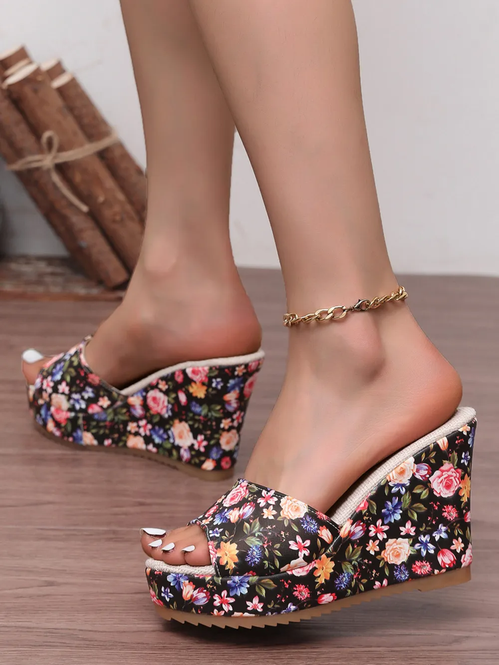 Floral Print Platform Wedge Sandals, image 5