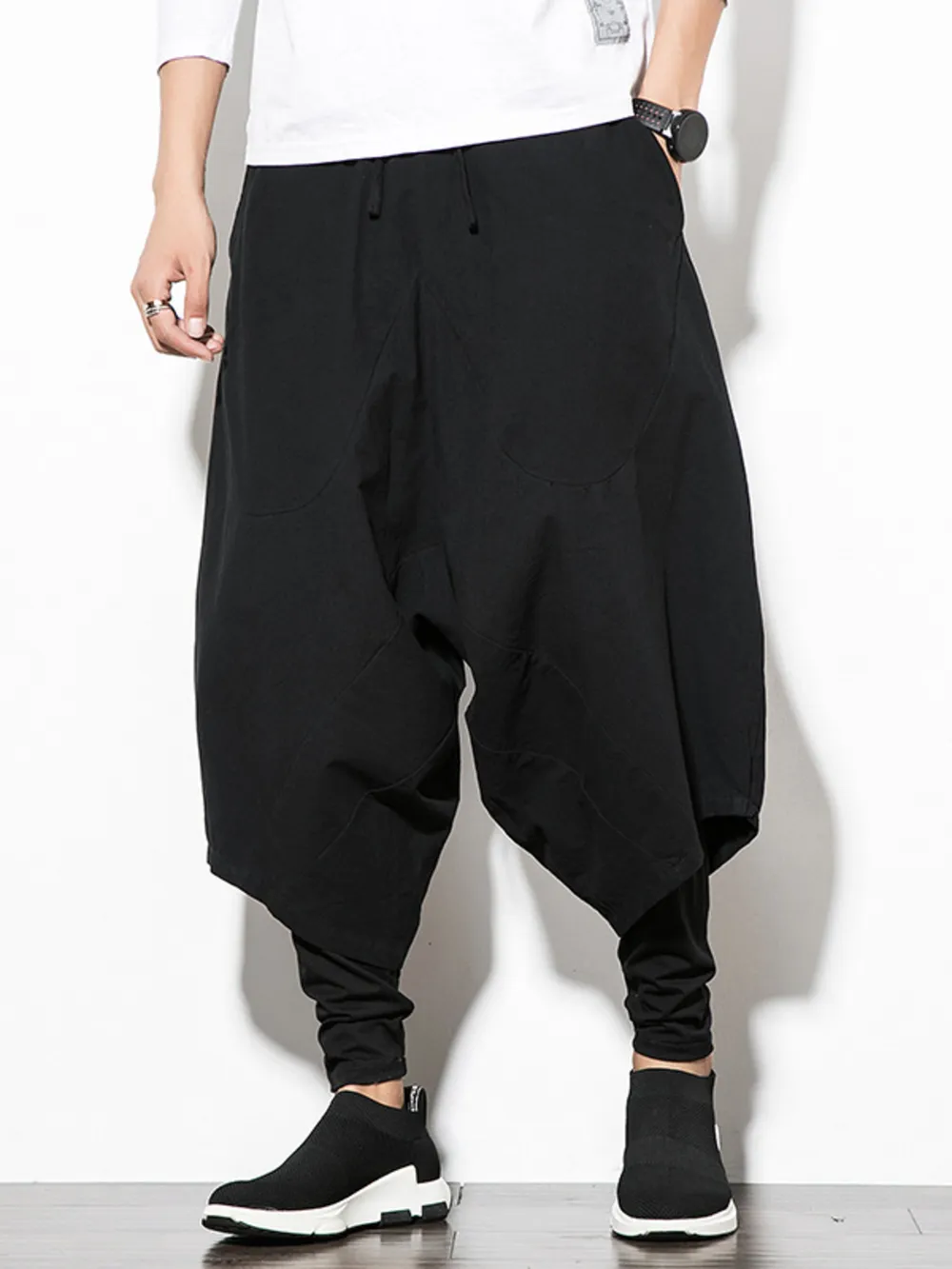 Men's Plus Size Wide Leg Drop Crotch Pants with Drawstring