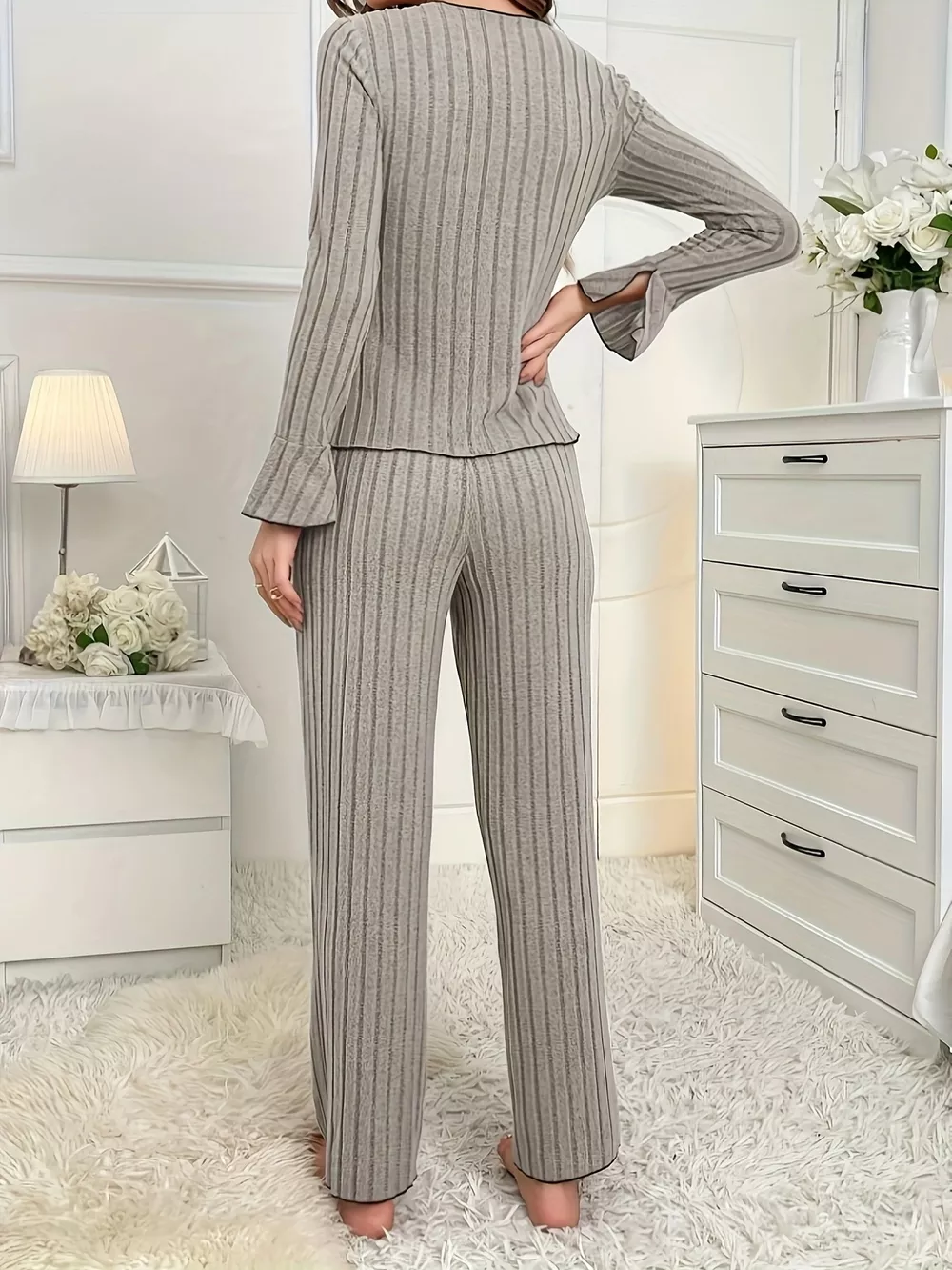 Ribbed Bow Front Top and Pants Lounge Set, image 5