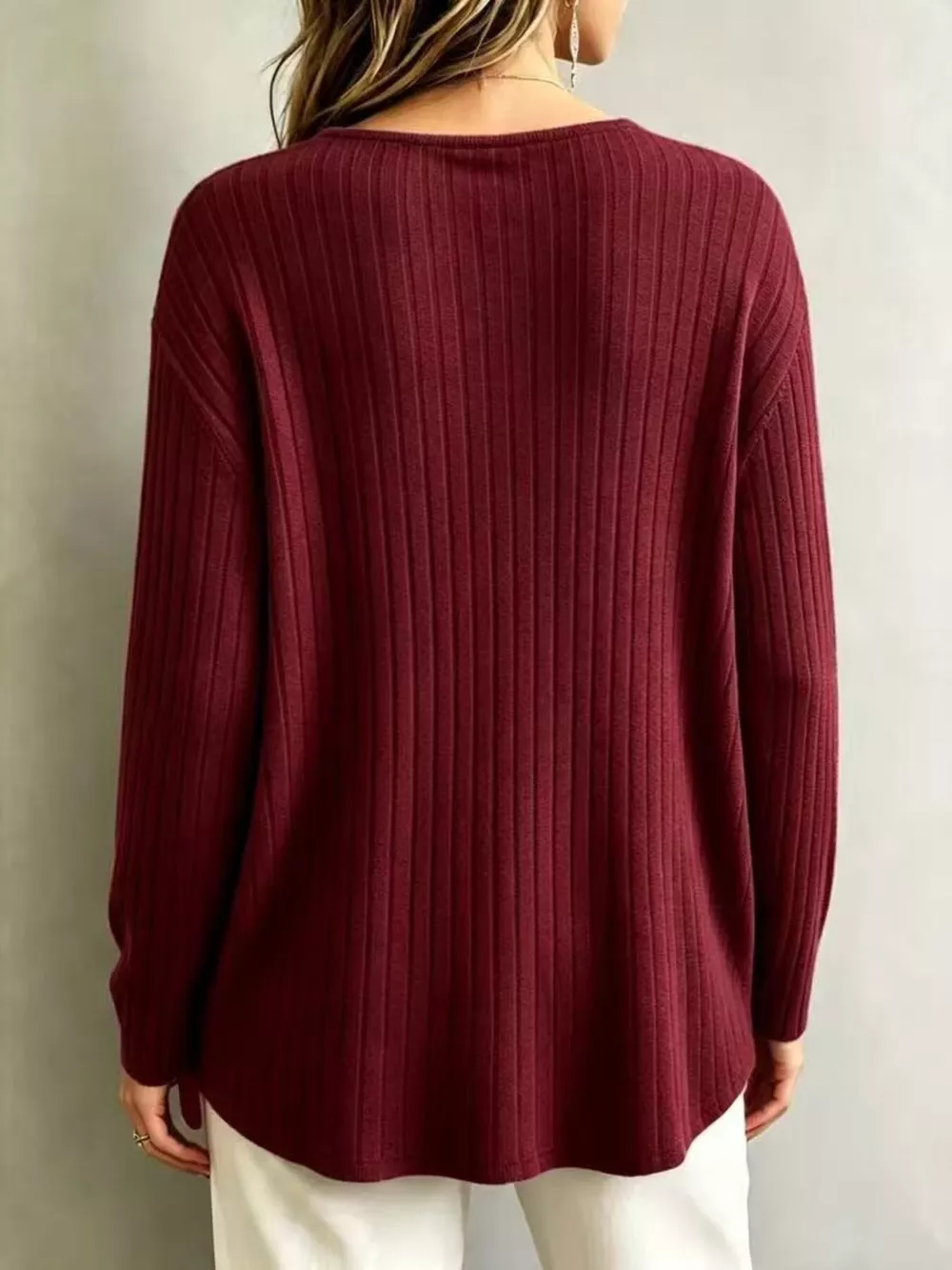V-Neck Ribbed Long Sleeve T-Shirt, image 3