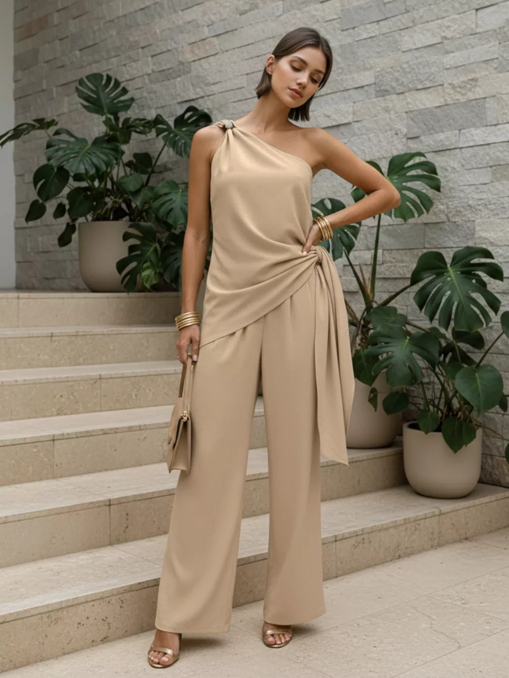 One-Shoulder Tie-Waist Top and Wide-Leg Pants Set, image 5