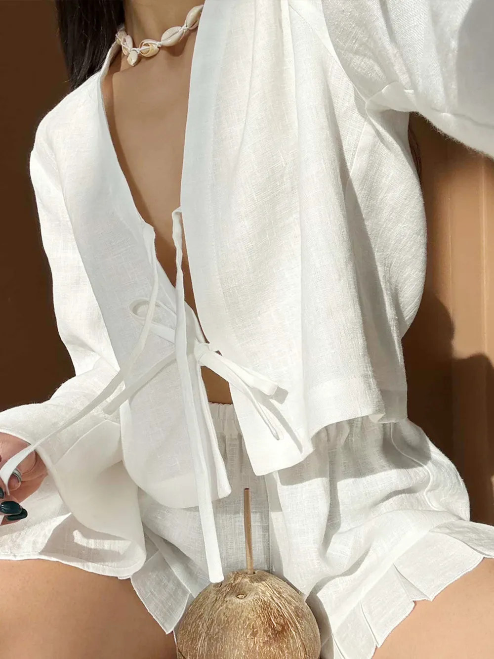 Tie Front Long Sleeve Top and Shorts Set, image 7