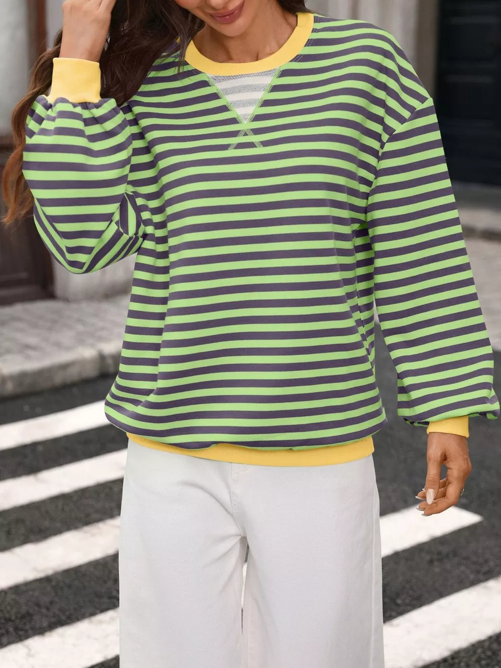 Contrast Trim Striped Crew Neck Sweatshirt, image 11