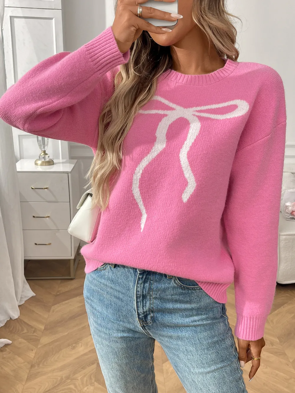 Bow Graphic Ribbed Hem Round Neck Sweater, image 2