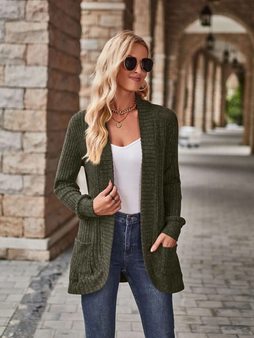 Ribbed Open Front Long Cardigan with Pockets, image 10