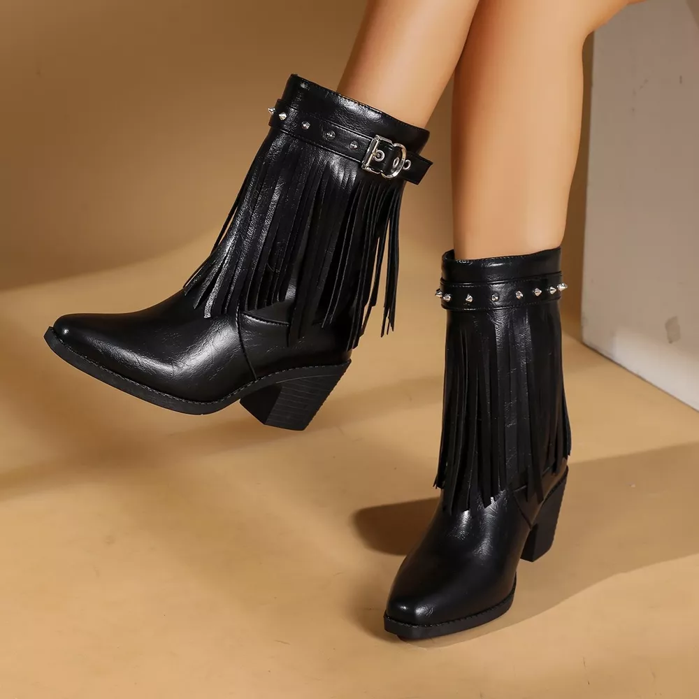Western Style Fringe Studded Mid-Calf Boots