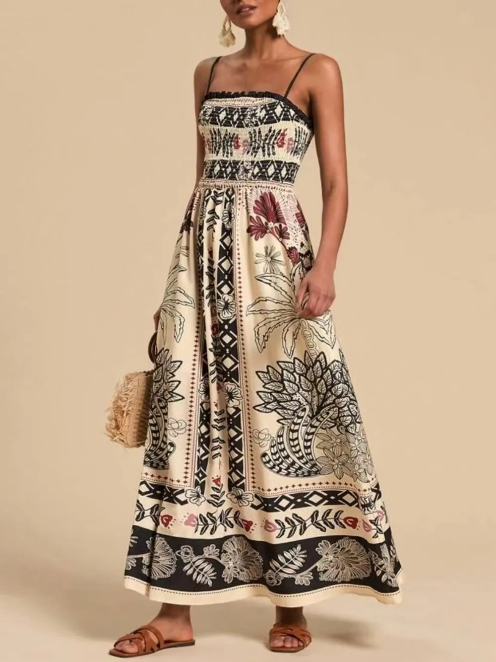 Smocked Printed Spaghetti Strap Maxi Summer Dress, image 2