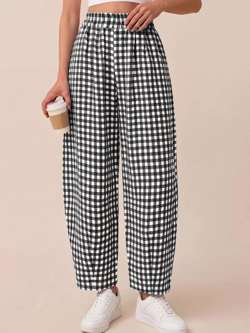 Gingham Wide-Leg Casual Pants, image 4