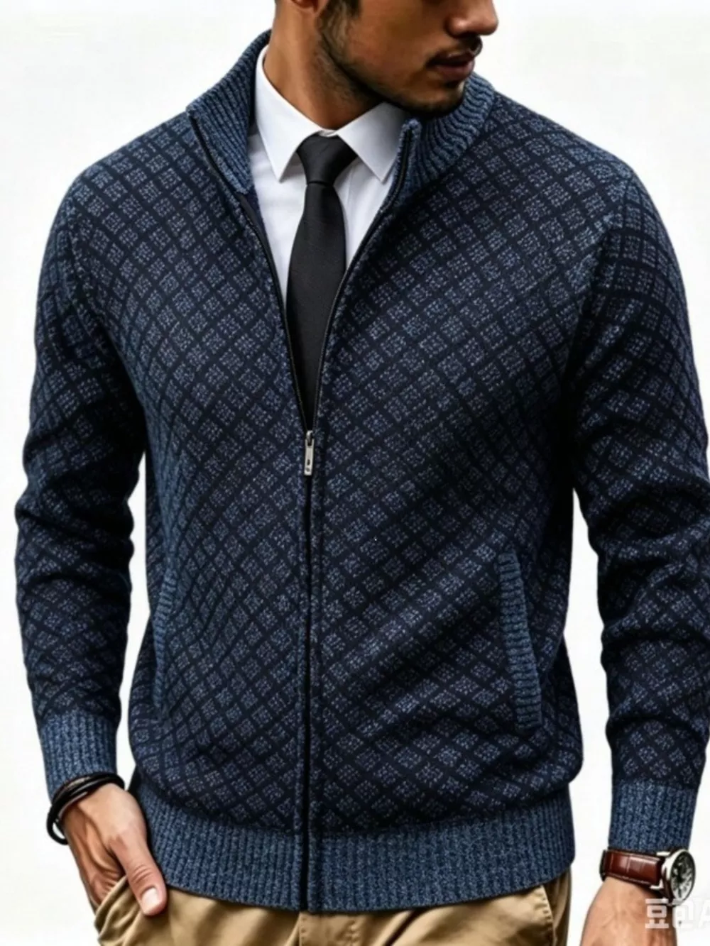 Men's Plus Size Geometric Patterned Full-Zip Cardigan, image 6