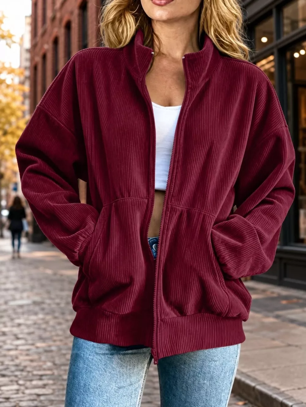 Zip Up Dropped Shoulder Corduroy Jacket, image 3