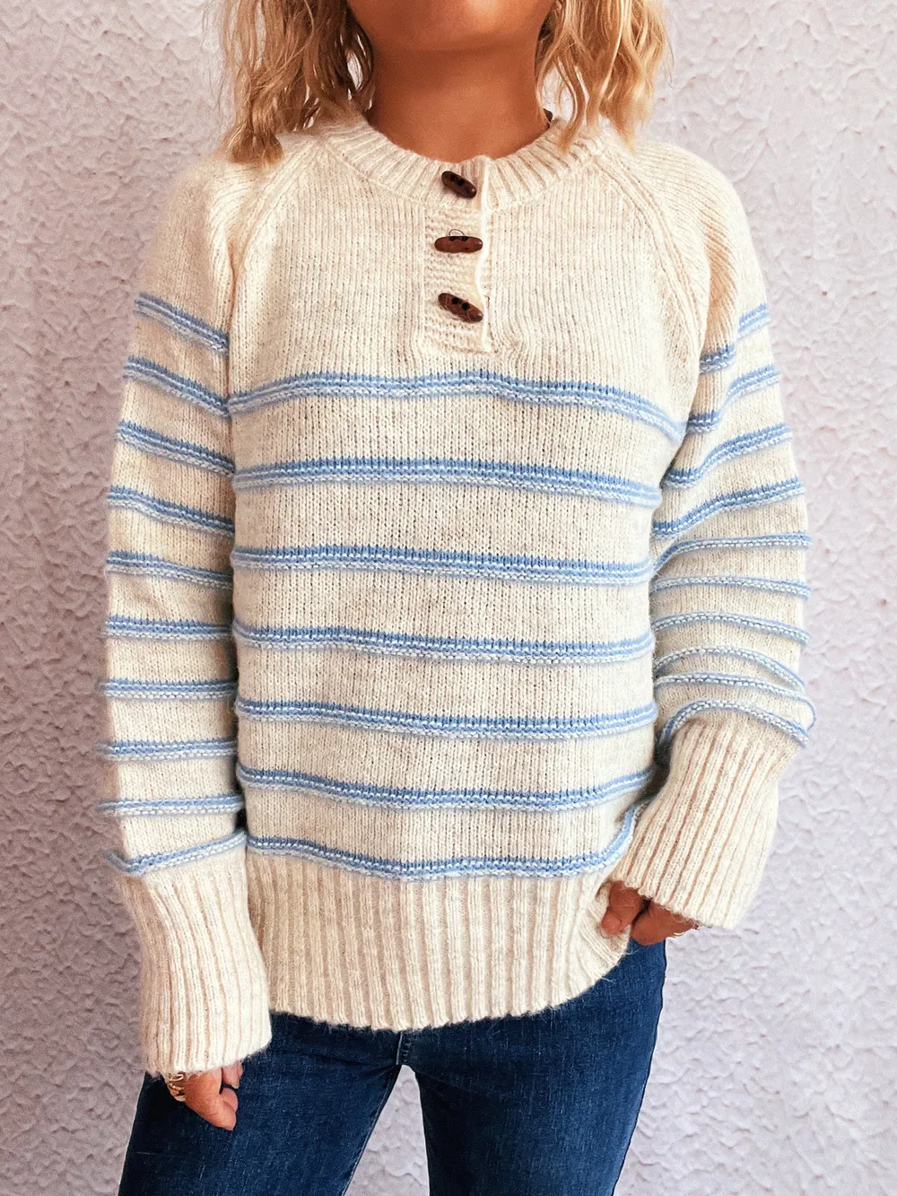 Striped Button Detail Long Sleeve Sweater, image 4