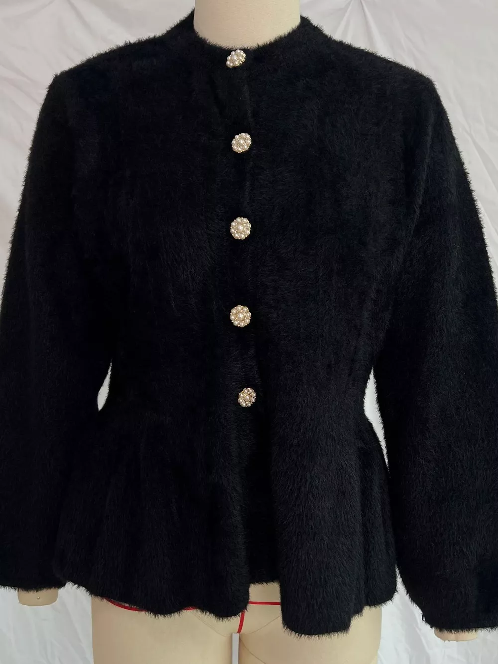 Fuzzy Peplum Cardigan with Pearl Buttons, image 13