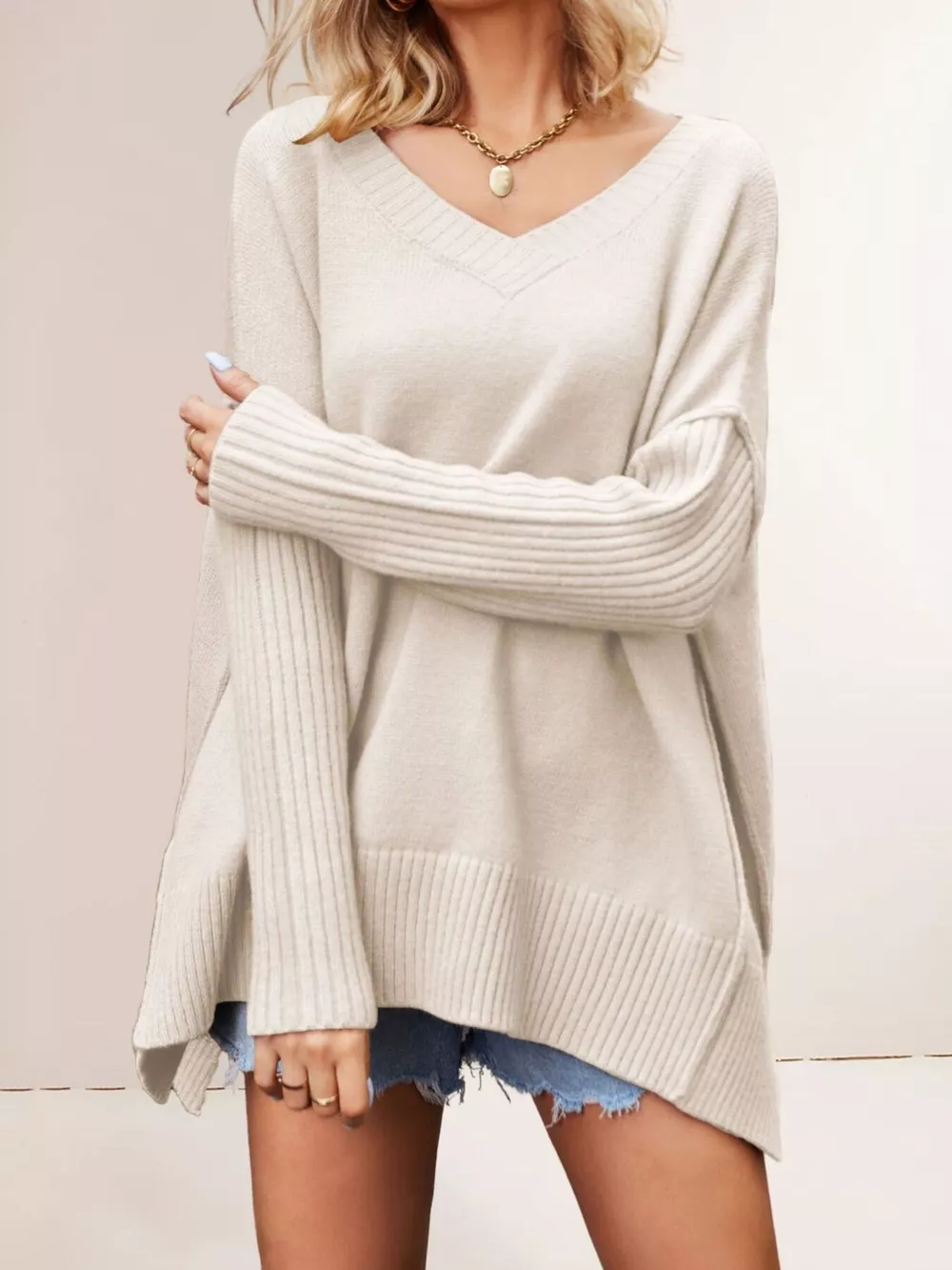 V-Neck Ribbed Sleeve Sweater, image 8
