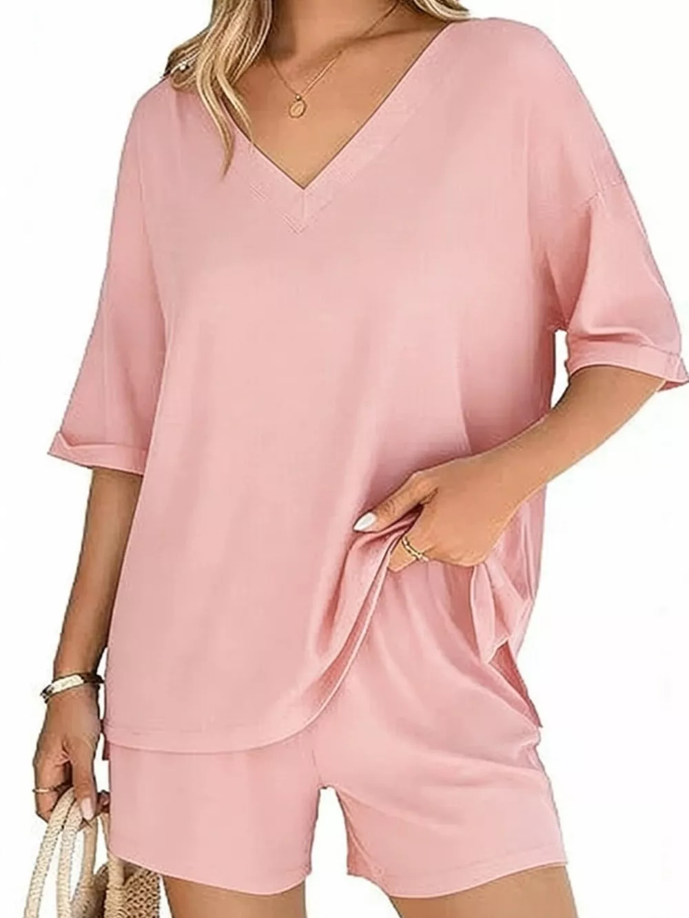 Solid Color V-Neck and Shorts Set, image 15