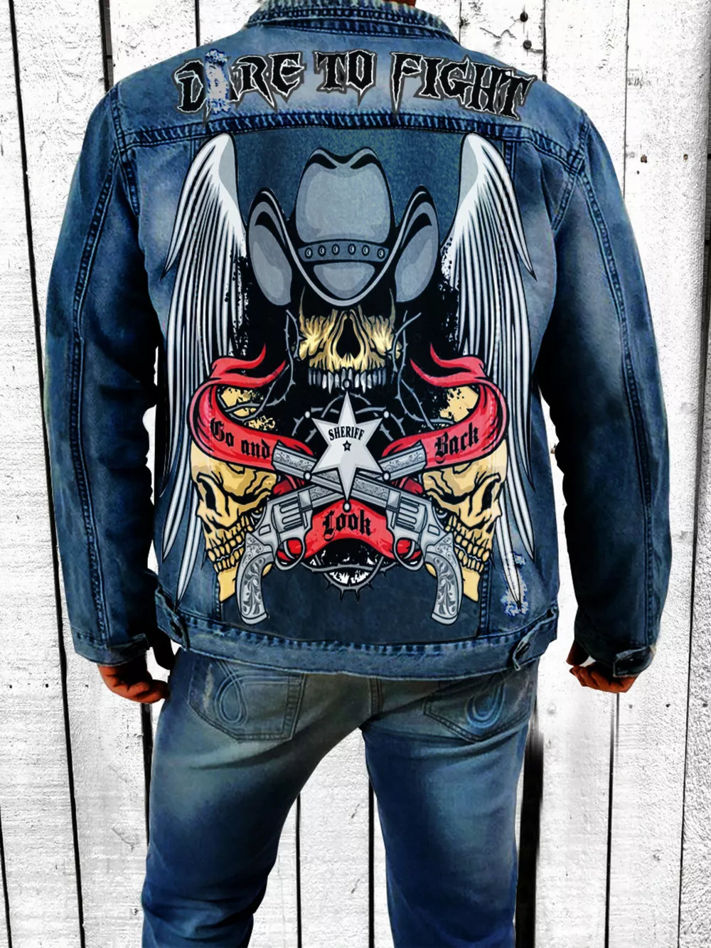 Men's Full Size Graphic Back Button Up Denim Jacket Plus Size