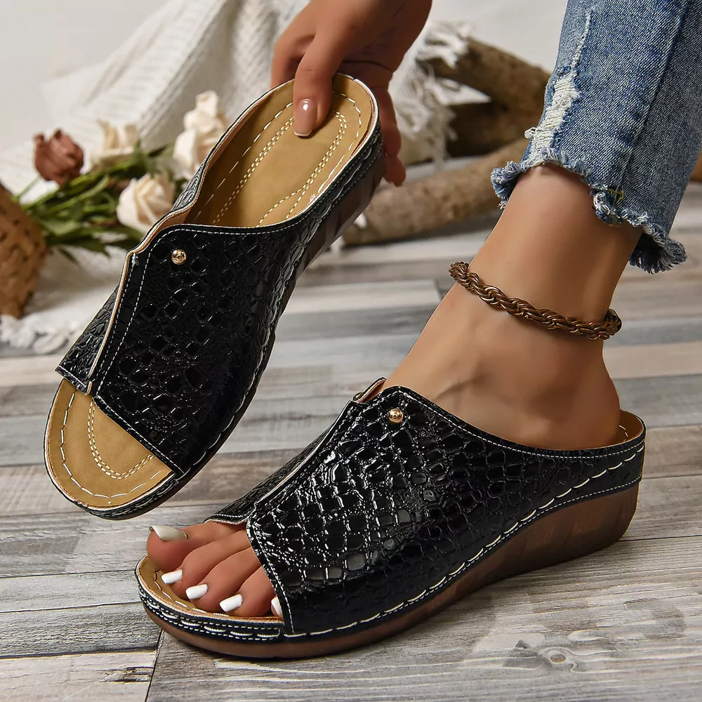 Crocodile-Embossed Wedge Sandals, image 6