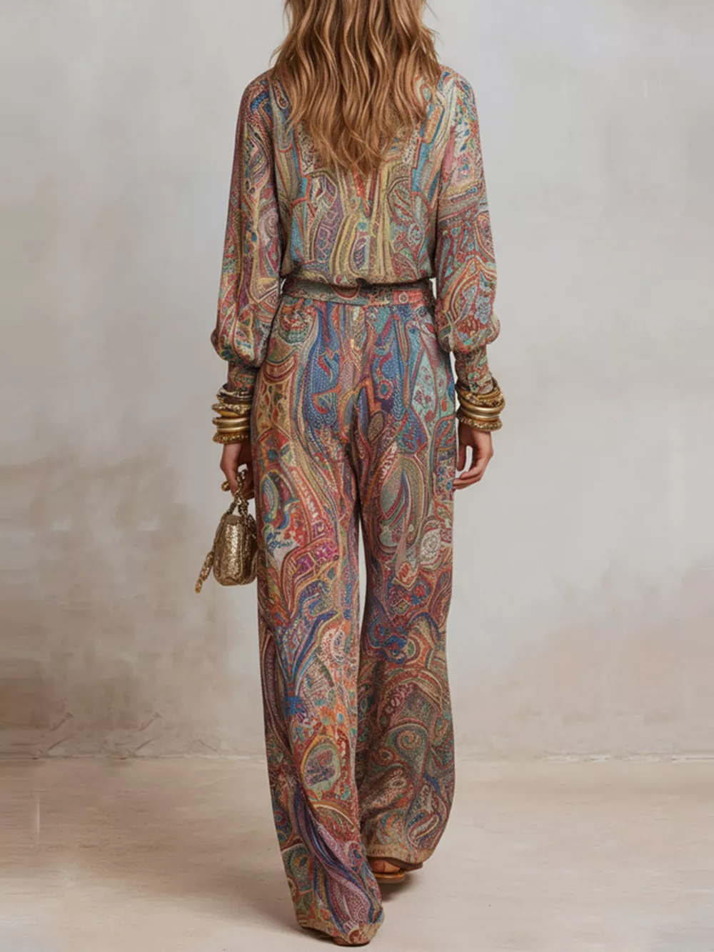 Paisley Print Long Sleeve Top and Pants Set, image 2