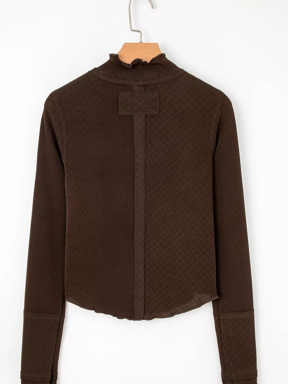 Lettuce Trim Raw Seam Patchwork Jacquard Long Sleeve Top, image 4