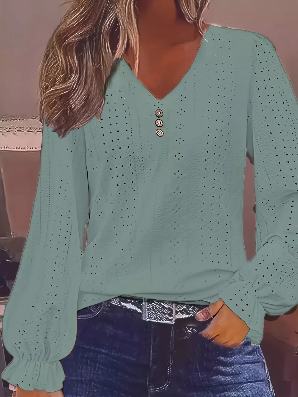Plus Size Eyelet V-Neck Flounce Sleeve Blouse, image 34