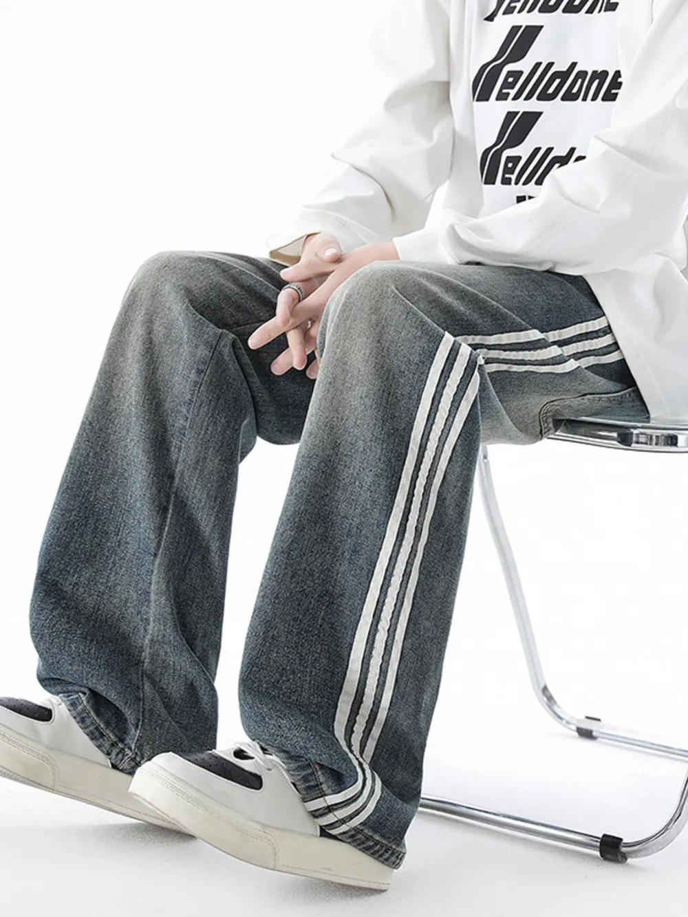 Men's Plus Size Retro Wide Leg Side Stripe Jeans, image 3