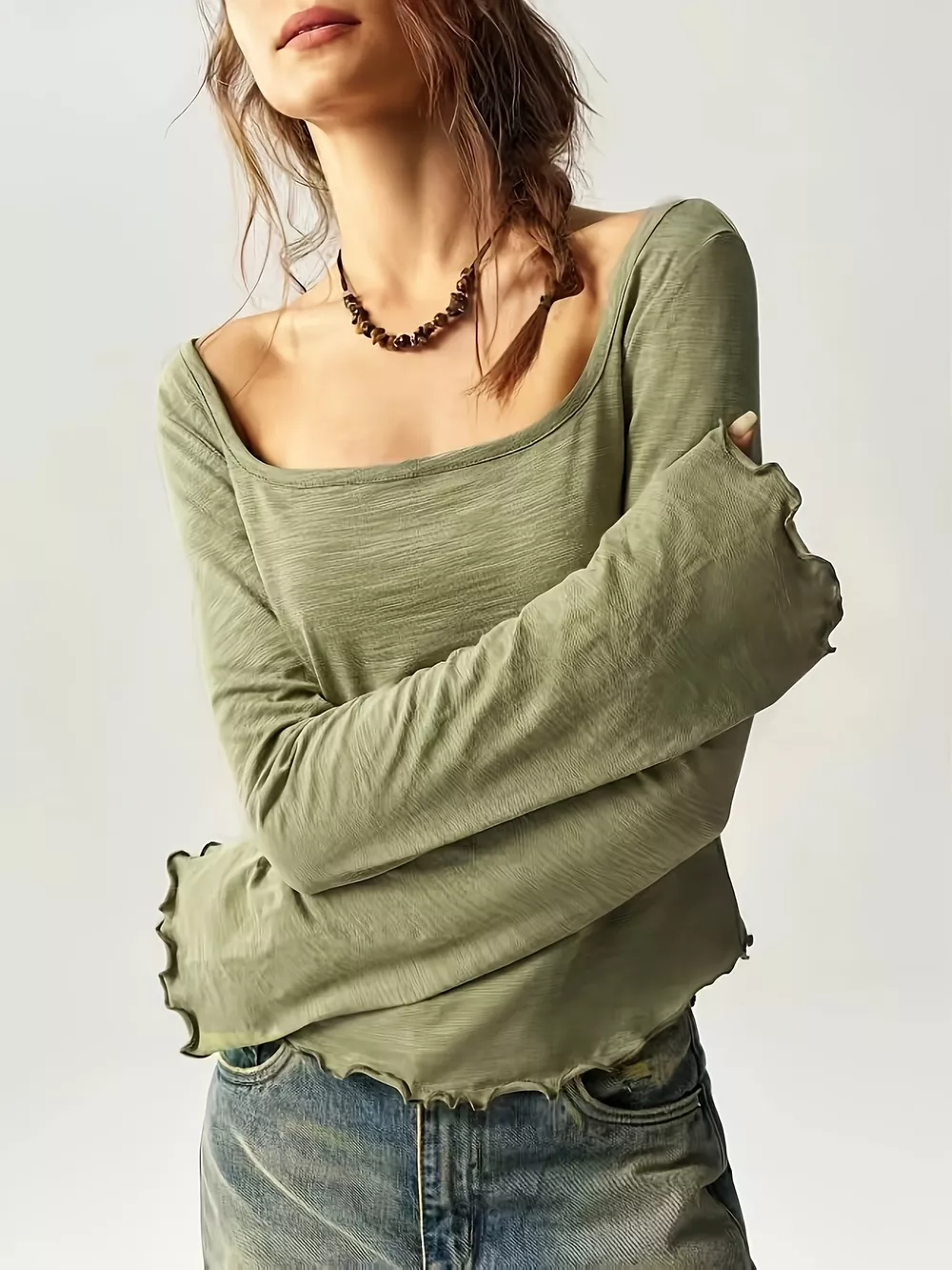 Long Sleeve Square Neck Slim-Fit T-Shirt, image 6