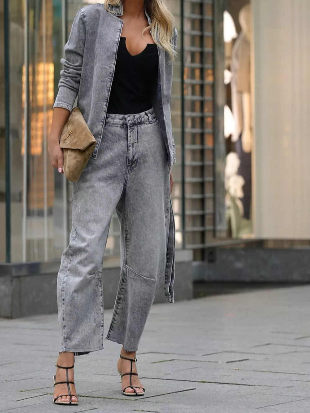 Long Sleeve Top and Wide Leg Jeans Denim Set, image 3
