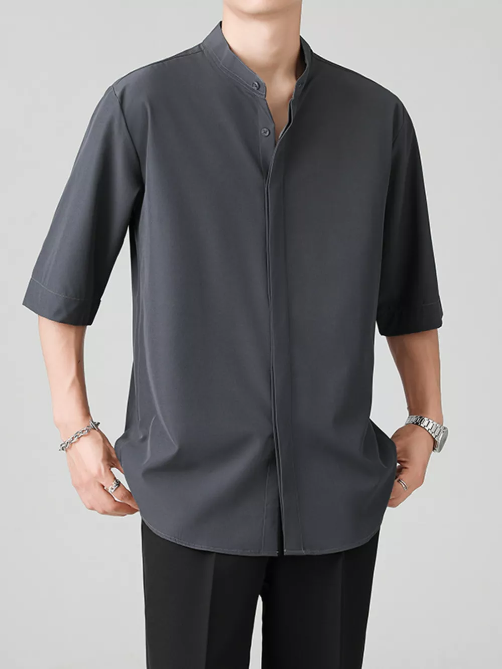 Men's Full Size Casual Mandarin Collar Half Sleeve Shirt Plus Size, image 4