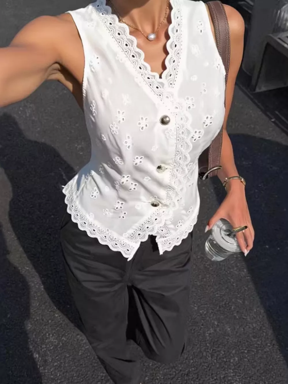 Eyelet Embroidered Button-Front Tank, image 3