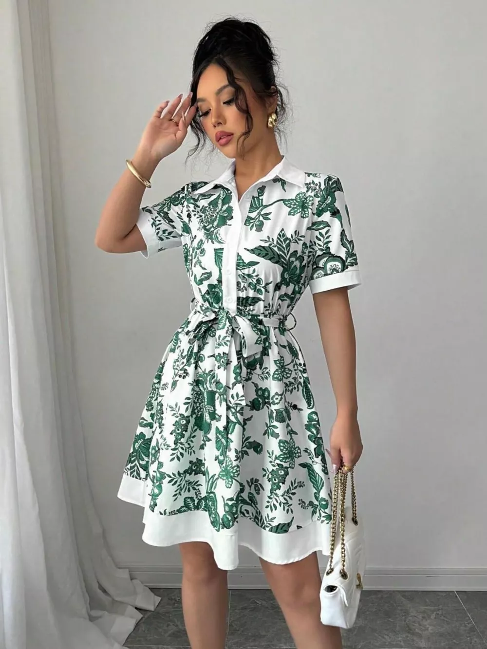 Floral Print Button-Front Shirt Dress, image 11