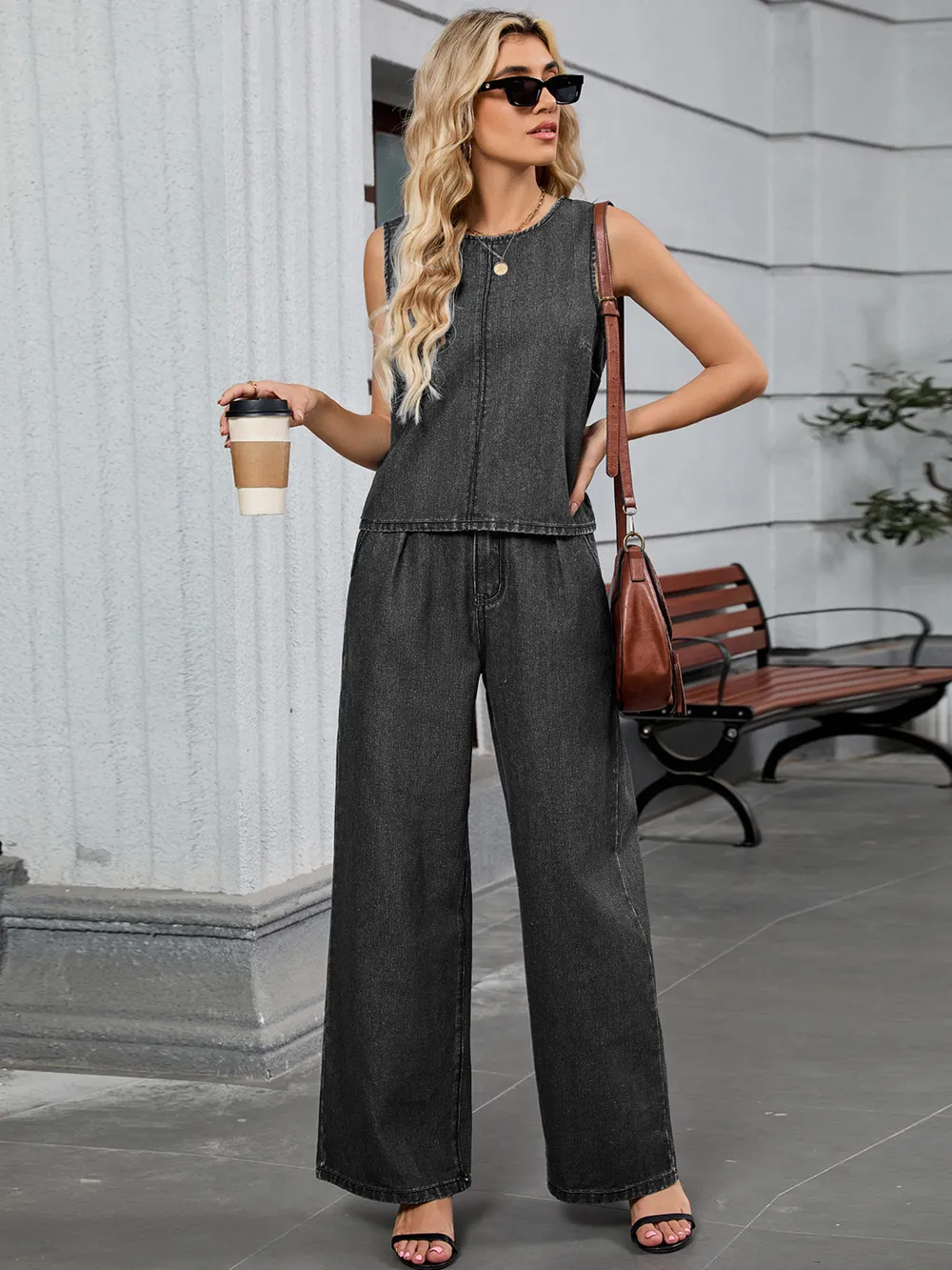 Round Neck Tank and Pants Denim Set
