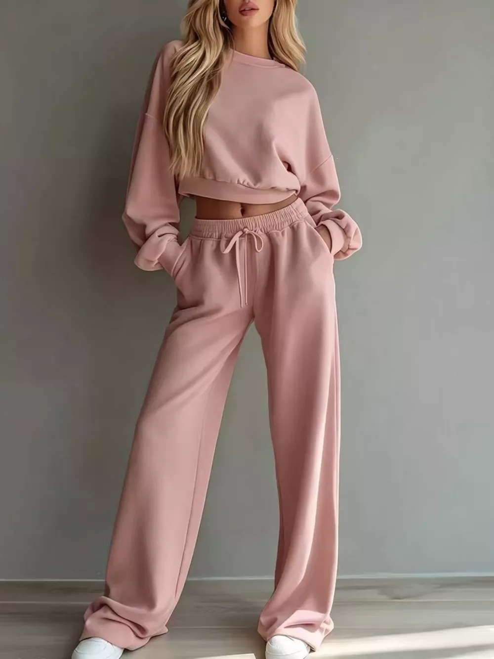 Round Neck Cropped Sweatshirt and Wide-Leg Pants Set, image 9