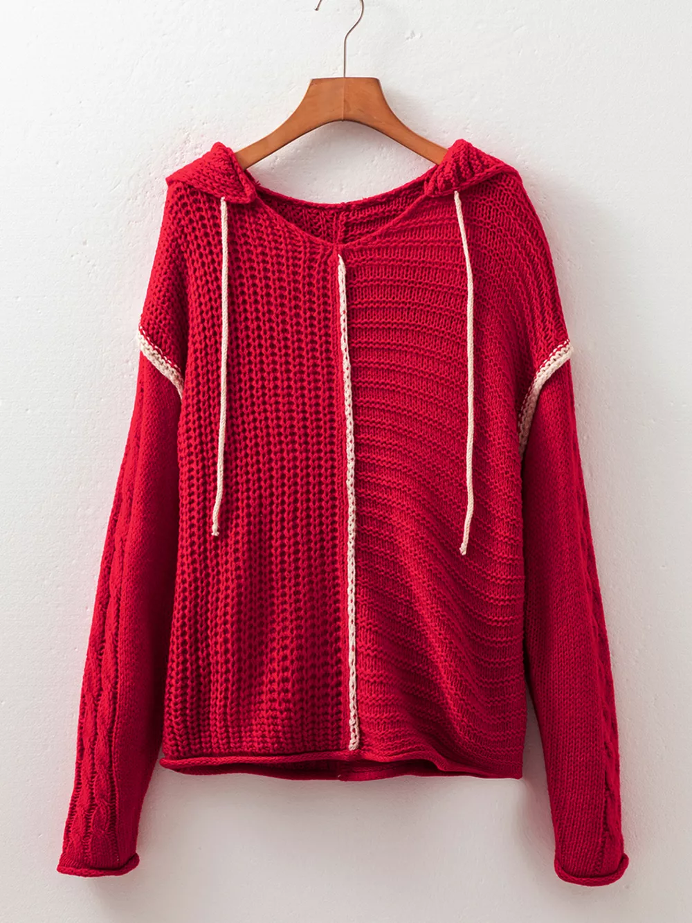 Contrast Trim Textured Knit Drawstring Hooded Sweater, image 4