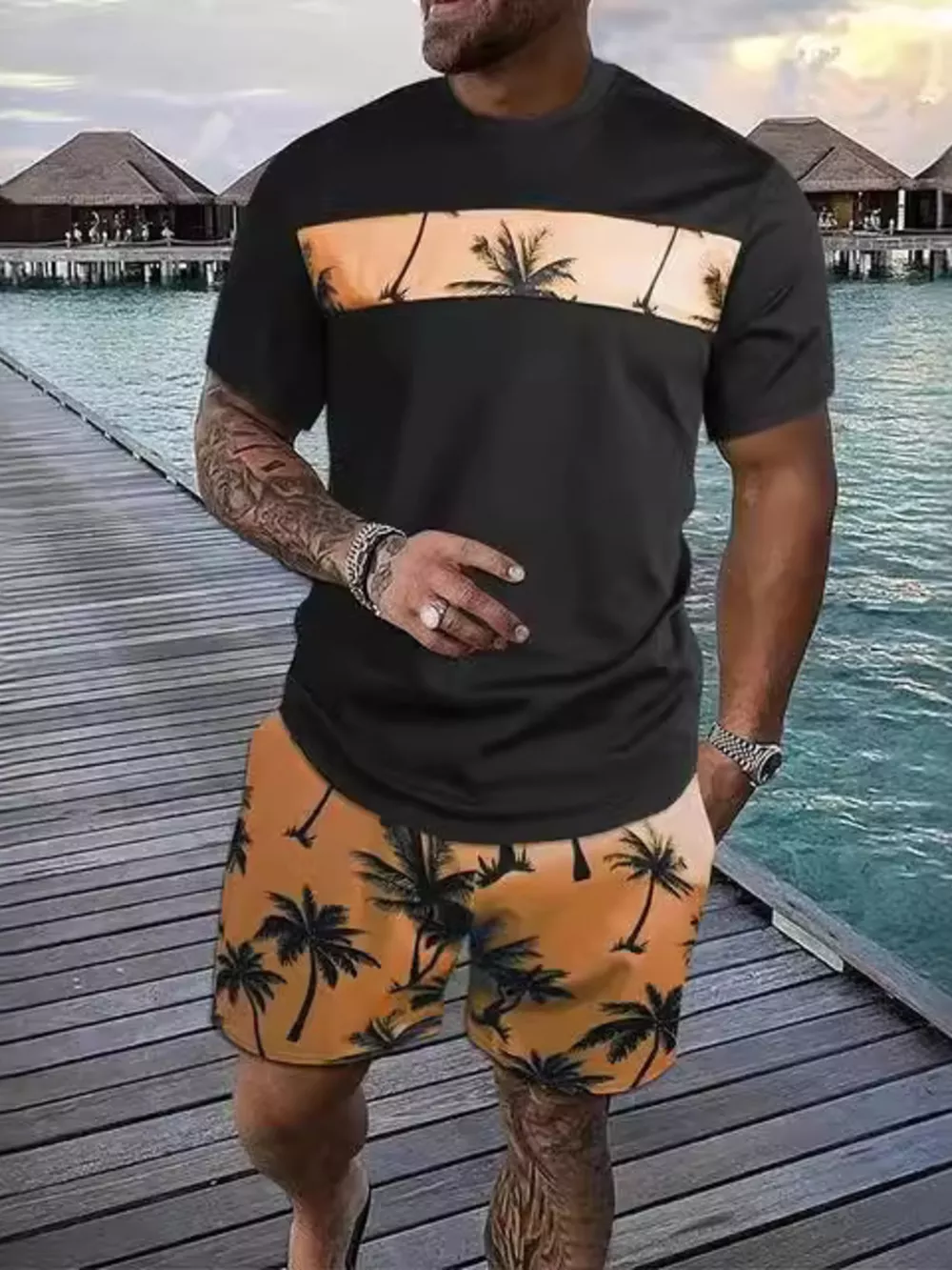 Men's Full Size Tropical Palm Tree Tee and Shorts Set Plus Size, image 7