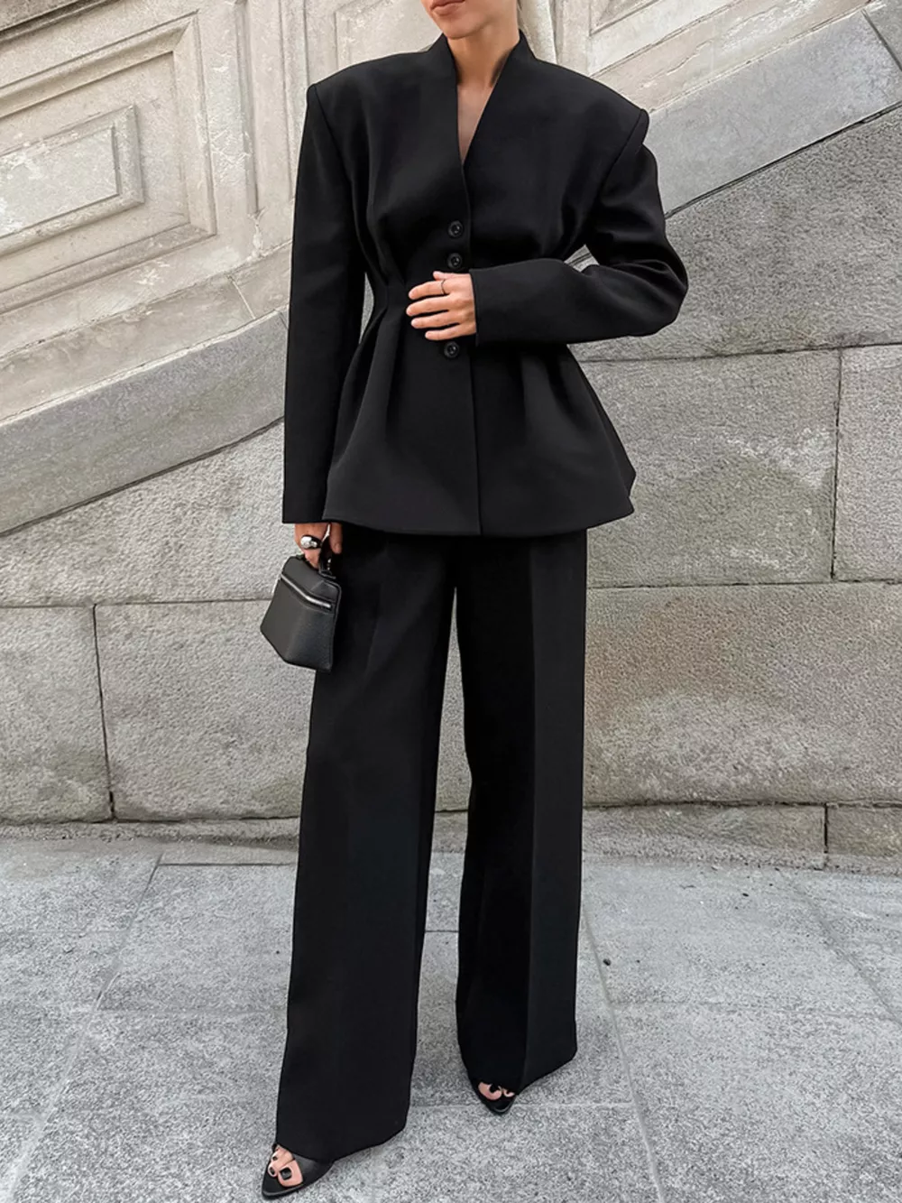 Chic Button Down Pleated Blazer and Wide-Leg Pants Suit Set, image 2