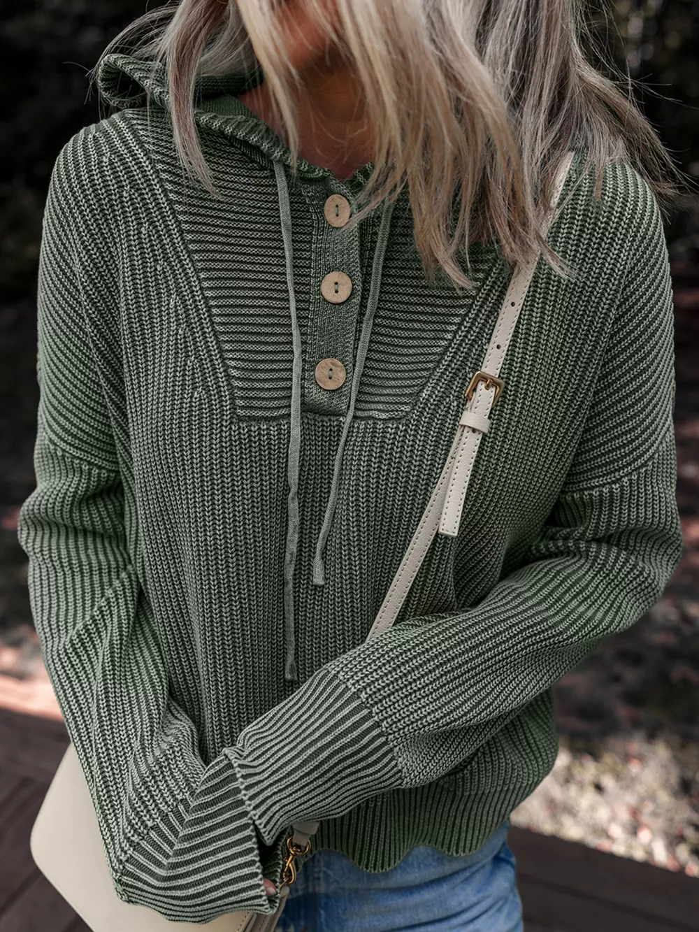 Mineral Wash Ribbed Knit Button Drawstring Neck Hooded Sweater, image 2