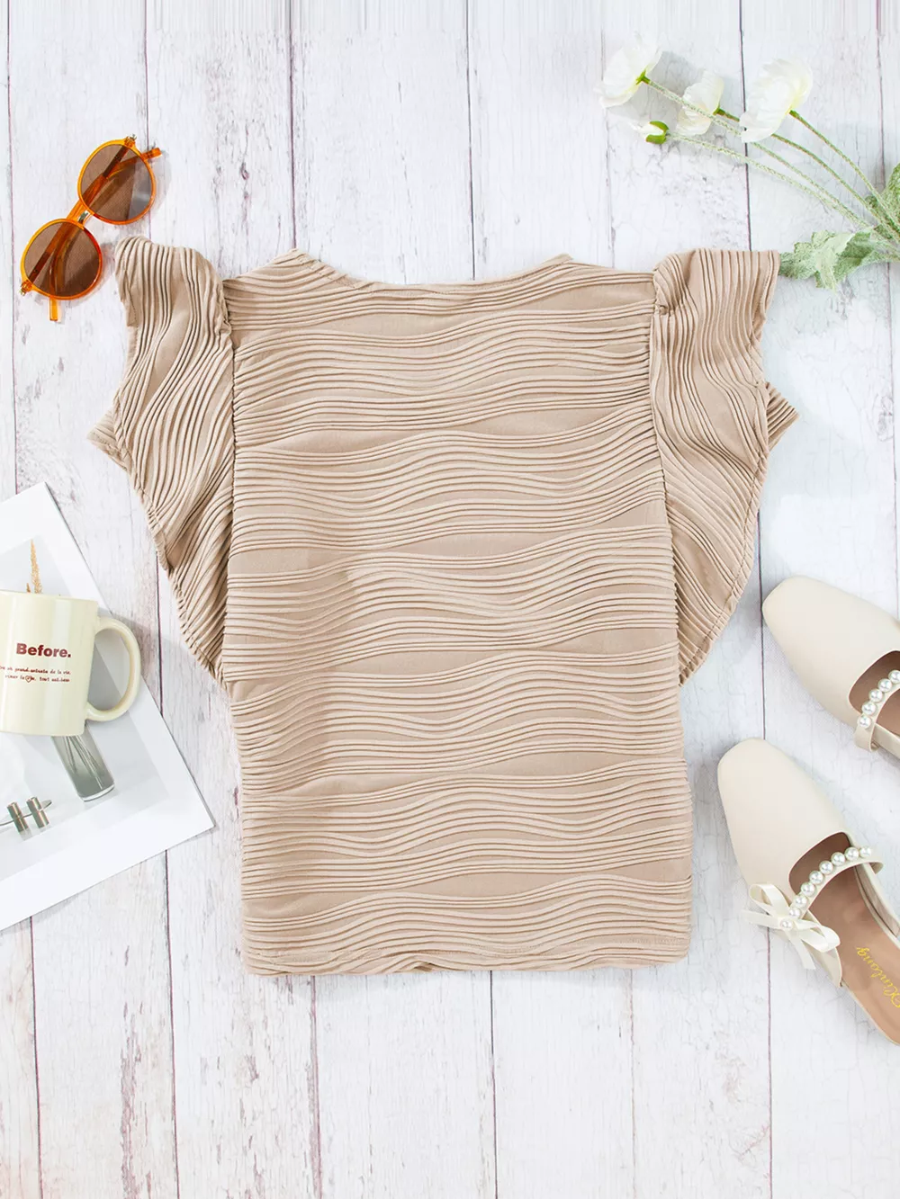 Casual Wavy Textured Ruffle Sleeve Top, image 6