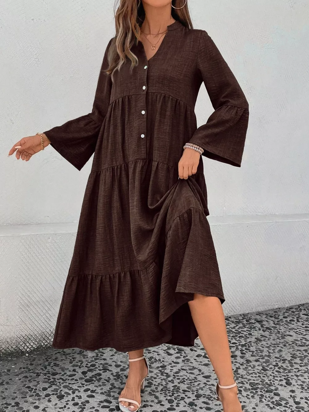 Ruffle Hem Button Front Tiered Dress, image 4