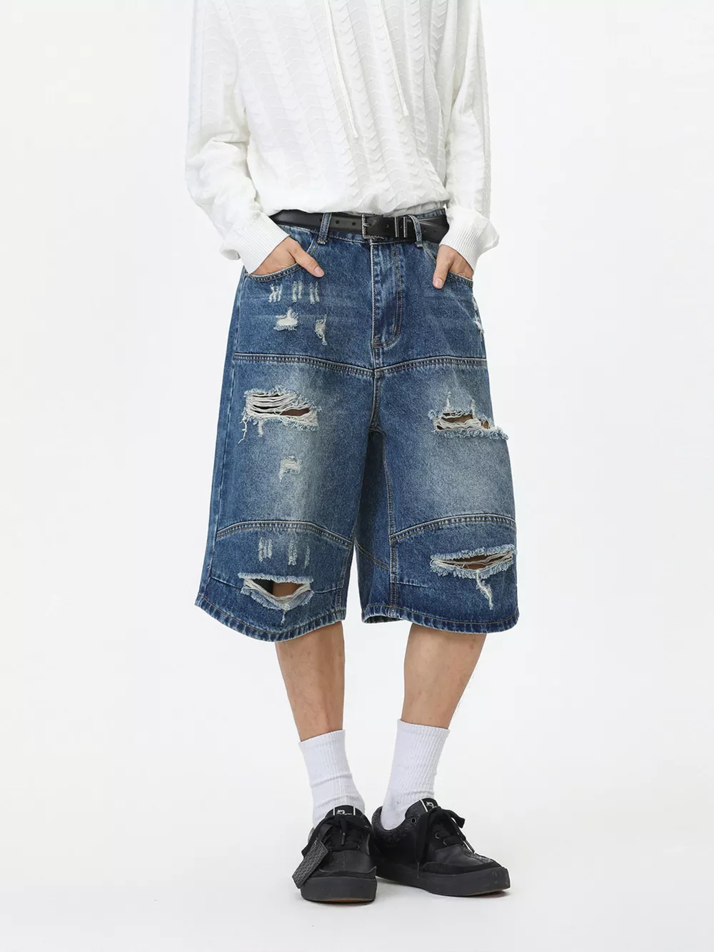 Men's Distressed Loose-Fit Denim Shorts