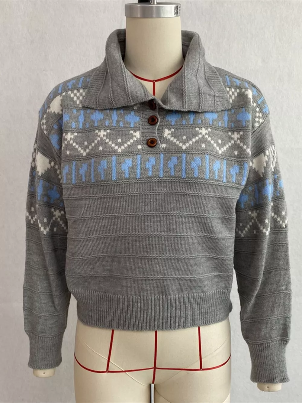 Vintage-Inspired Fair Isle Patterned Polo Sweater, image 19