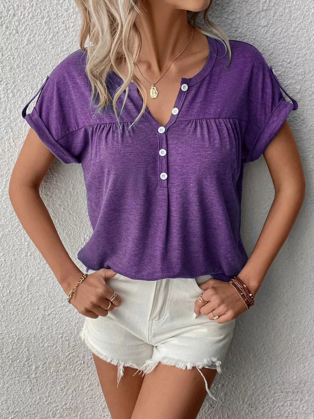 Full Size Casual V-Neck Henley Top with Rolled Sleeves Plus Size, image 9