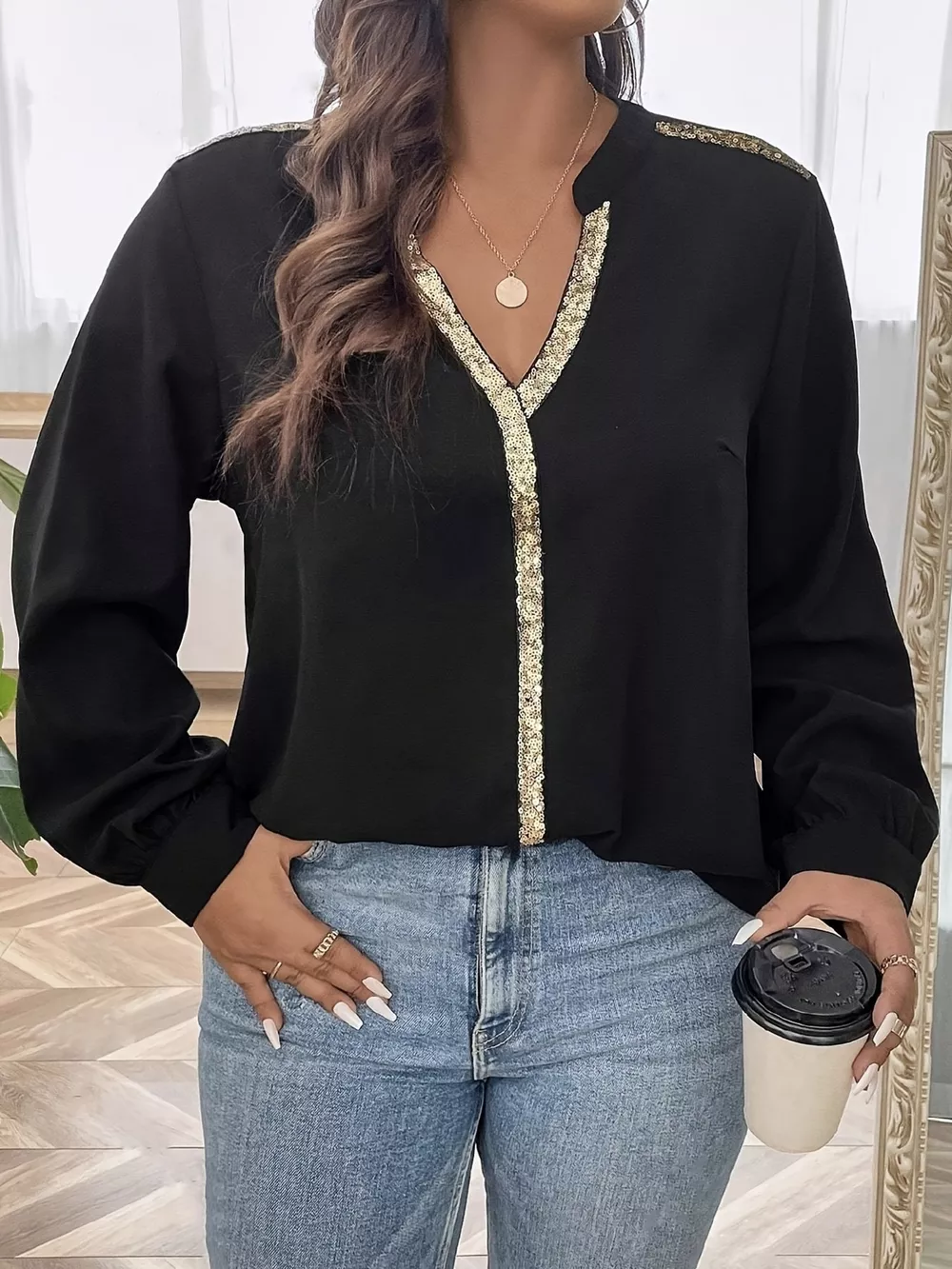 Sequin Trim Notched Long Sleeve Blouse, image 3
