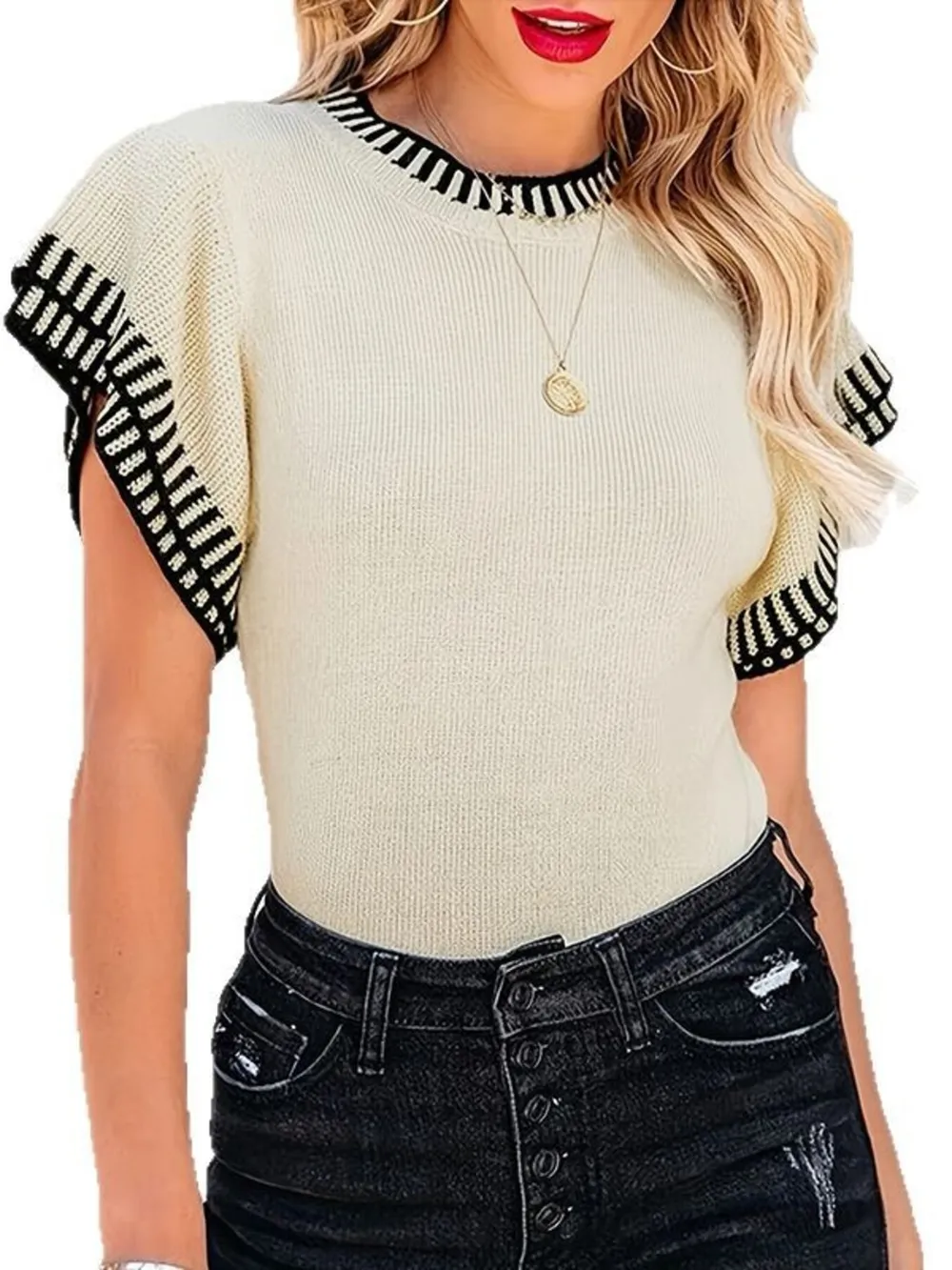 Contrast Trim Cap Sleeve Sweater, image 4