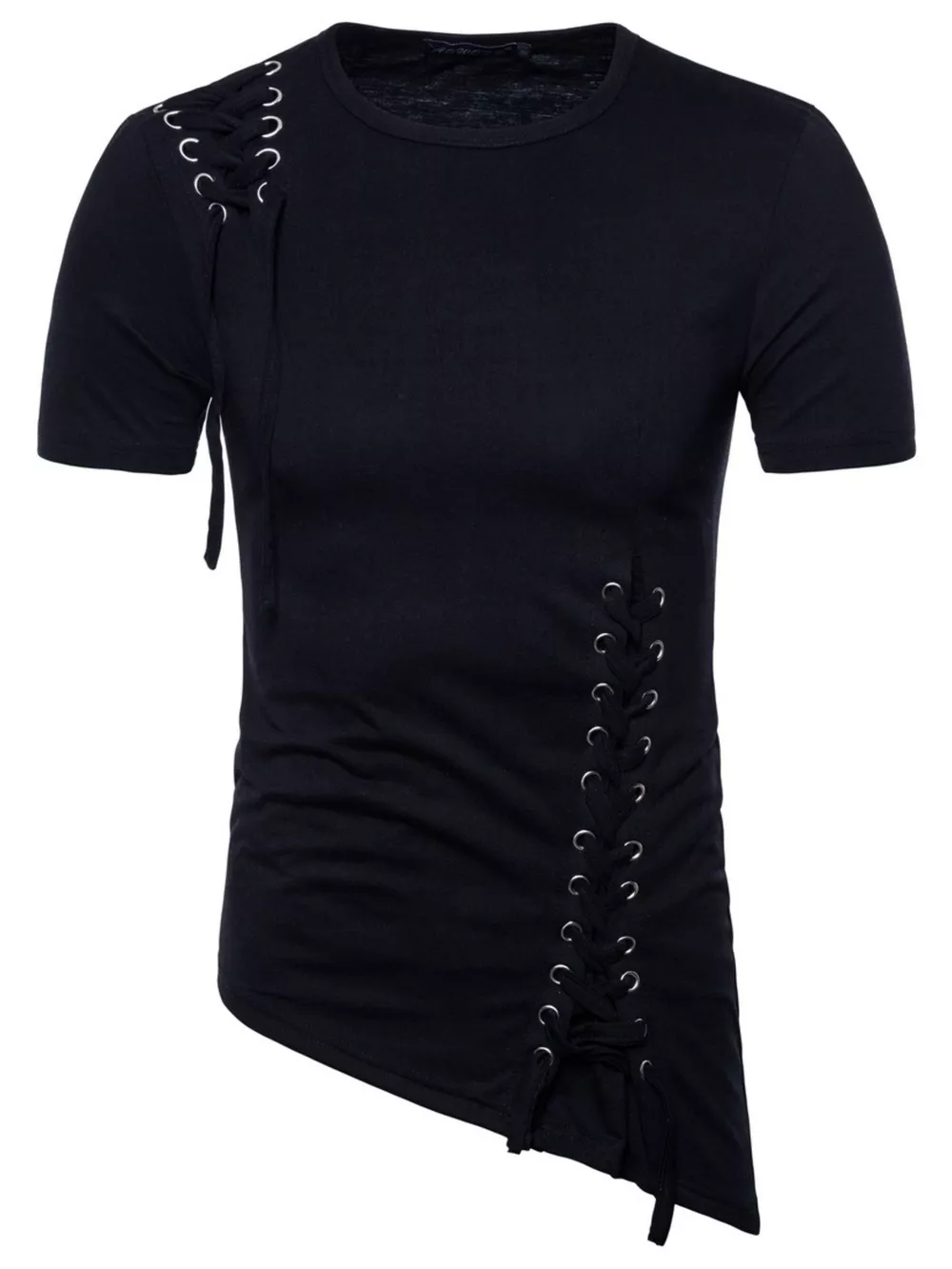 Men's Lace-Up Asymmetric Hem T-Shirt