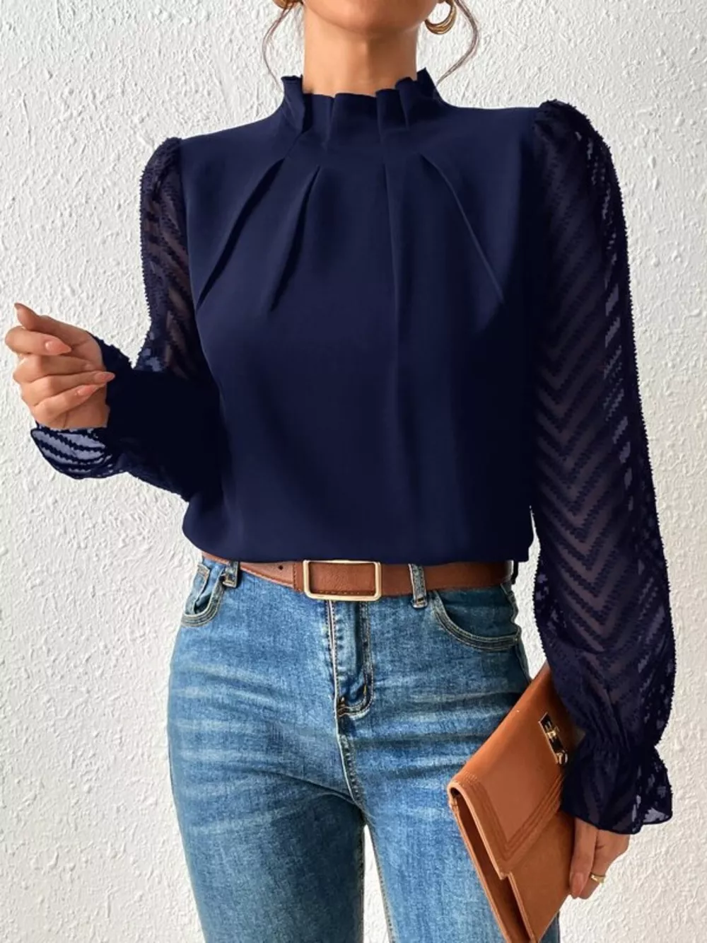 Mock Neck Sheer Lace Sleeve Blouse, image 7