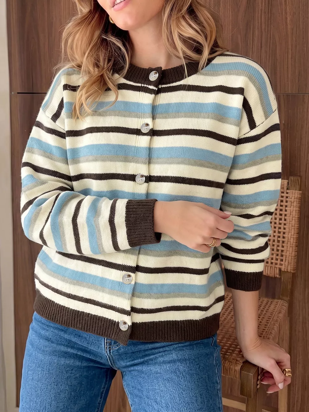 Striped Crew Neck Button-Down Cardigan, image 5