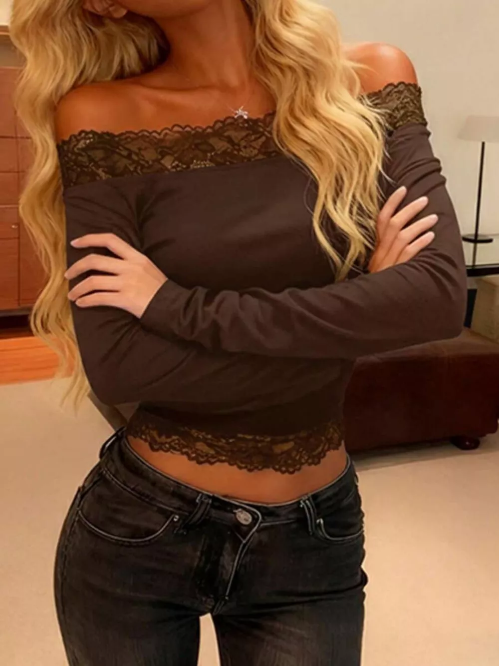 Off-Shoulder Lace Trim Long Sleeve T-Shirt, image 10